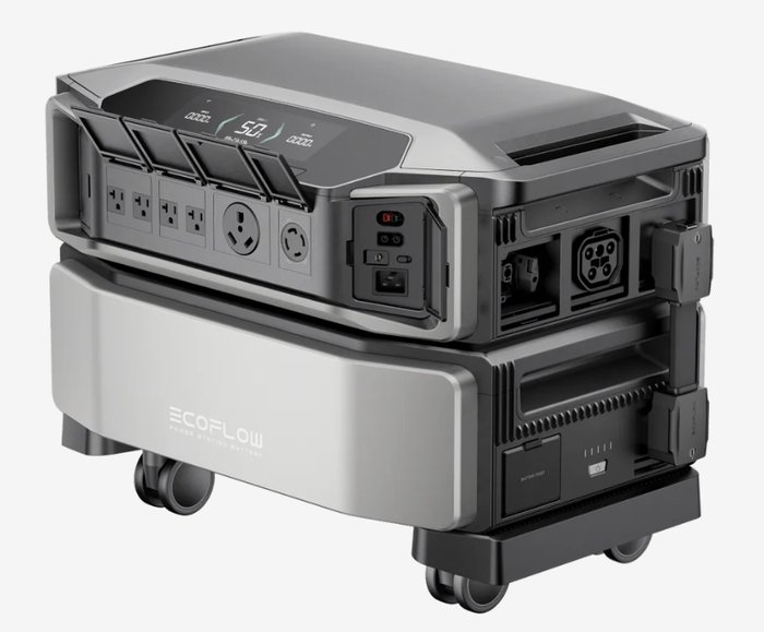 Close-up of the EcoFlow DELTA Pro Ultra front panel showing AC outlets, USB ports, and the digital screen